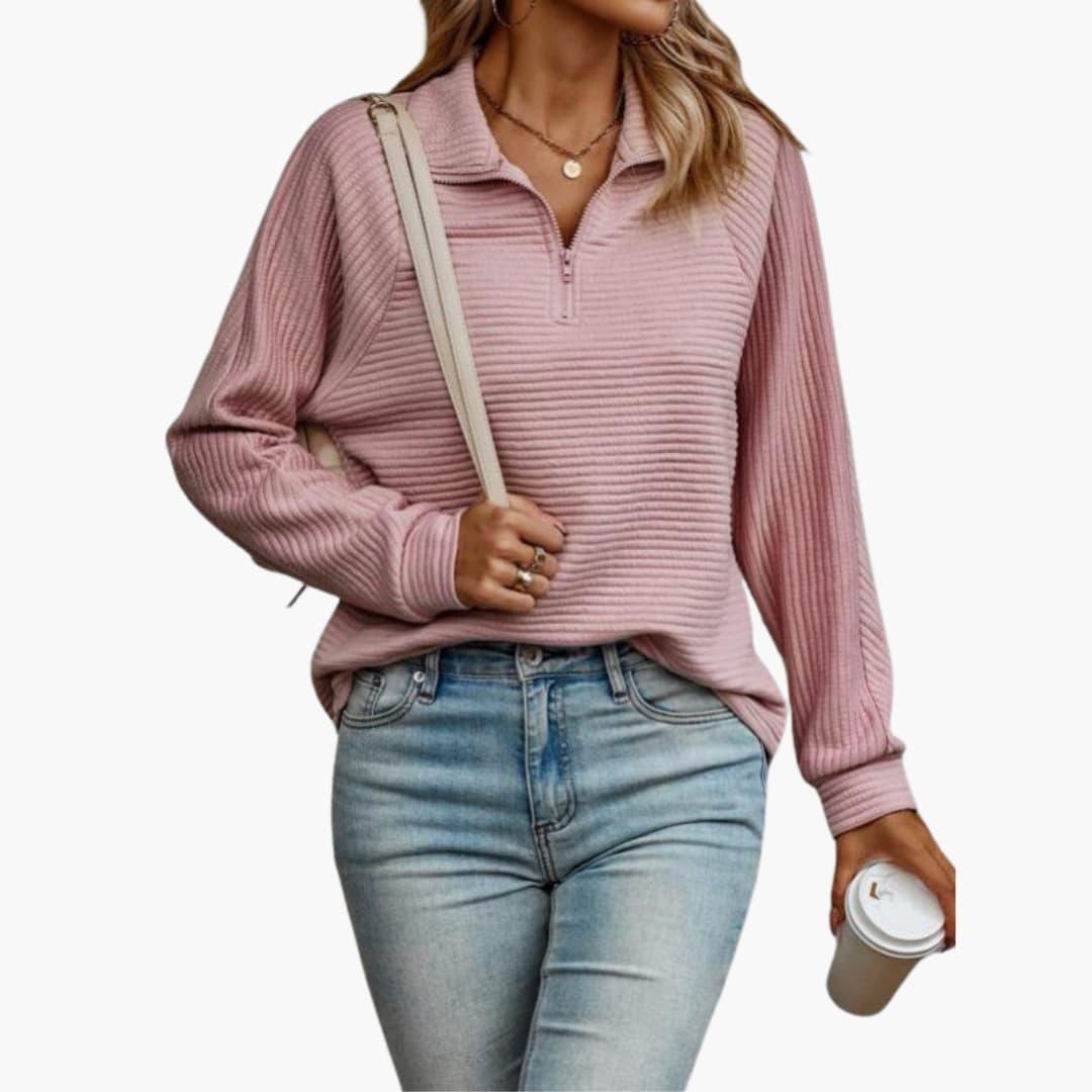 Women’s Sweater with Quarter-Zip Neckline and Ribbed Knit Texture