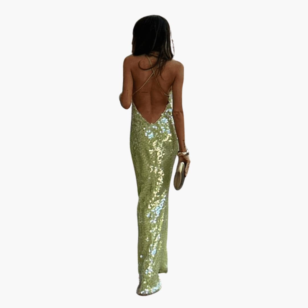 Women’s sequin maxi dress with scoop neckline and fitted bodice