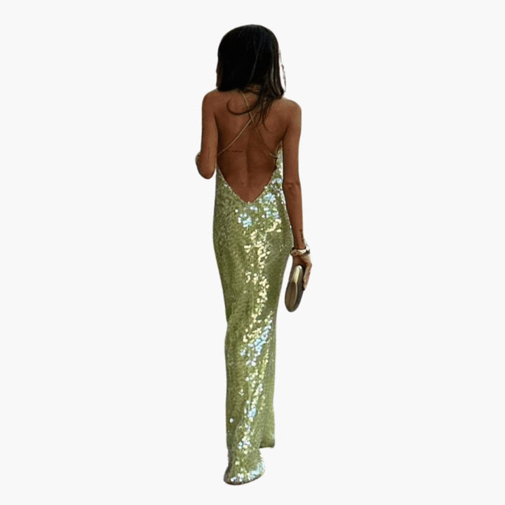 Women’s sequin maxi dress with scoop neckline and fitted bodice