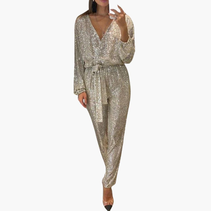 Women’s Sequin Jumpsuit with Long Sleeves and Tie Waist