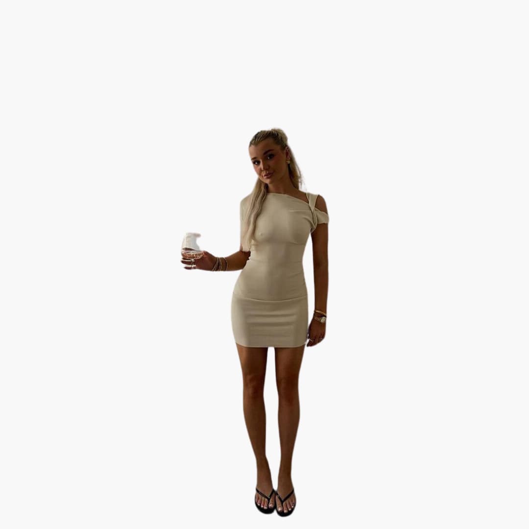 Women’s Mini Dress with Asymmetrical Neckline and Single Short Sleeve
