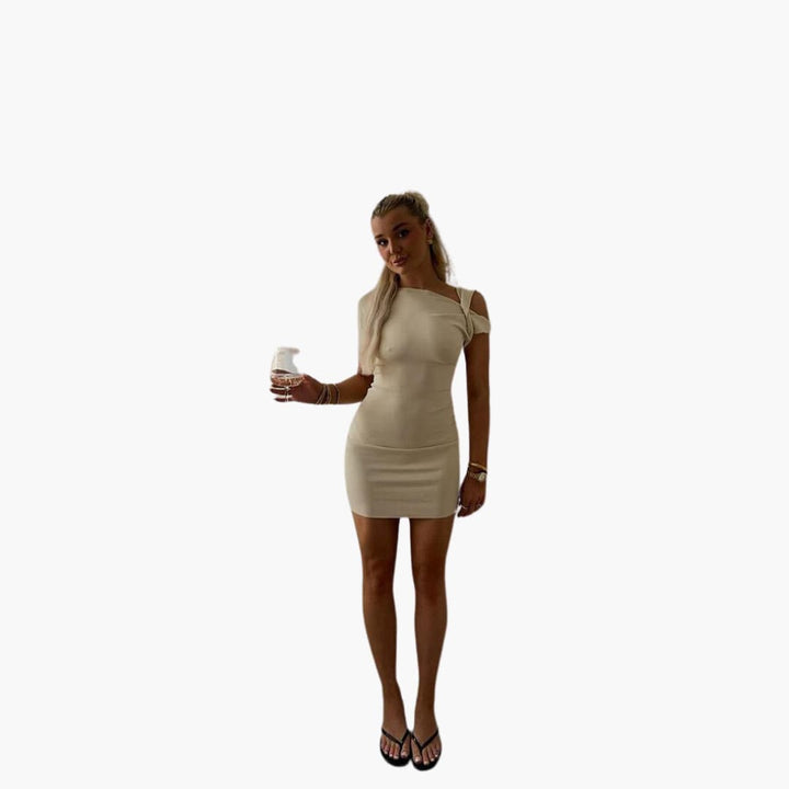 Women’s Mini Dress with Asymmetrical Neckline and Single Short Sleeve