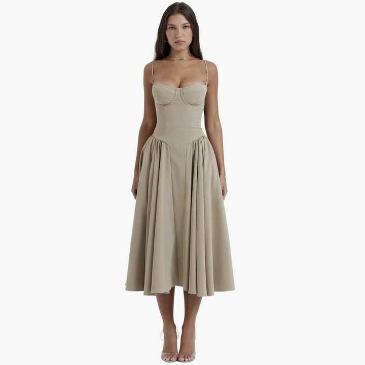 Women’s Midi Dress with Square Neck and Pleated Skirt