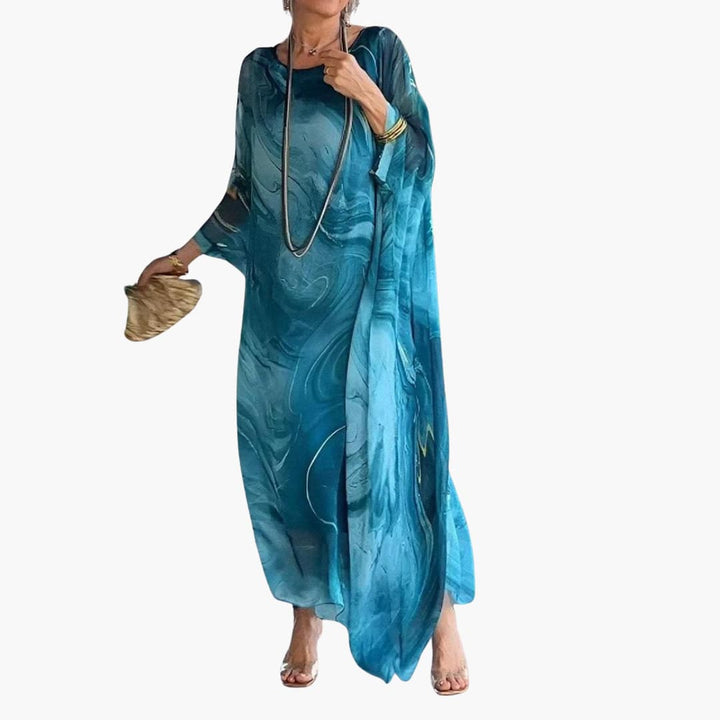 Women’s Maxi Dress with Batwing Sleeves and Round Neckline