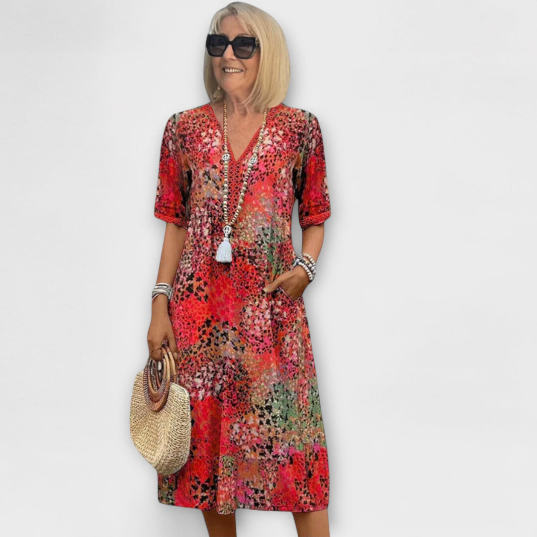 Women’s Midi Dress with V-Neck and Floral Print