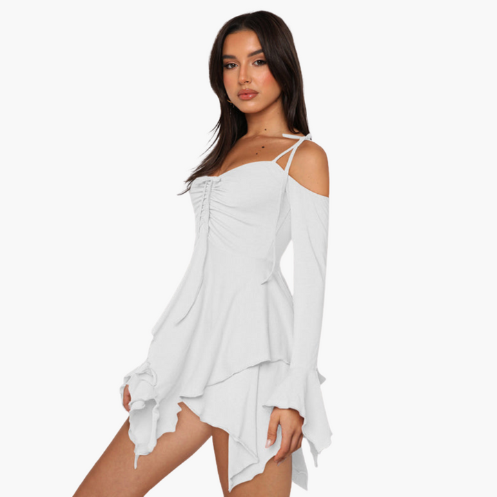 Women’s Mini Dress with Off-the-Shoulder Neckline and Layered Design