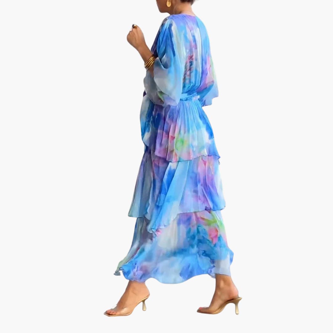 Women’s summer maxi dress with V-neckline and belted waist