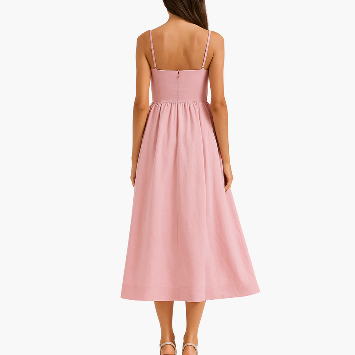 Women’s Elegant Sleeveless Midi Dress with Tailored Bodice and Flared Skirt