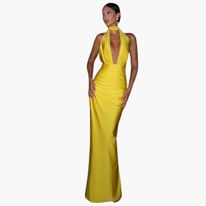 Women’s Halter Neck Dress with V-Neck and High Slit