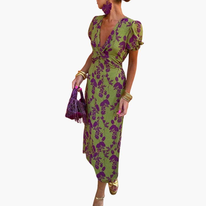 Women’s Midi Dress with Puff Sleeves and Twist Waist