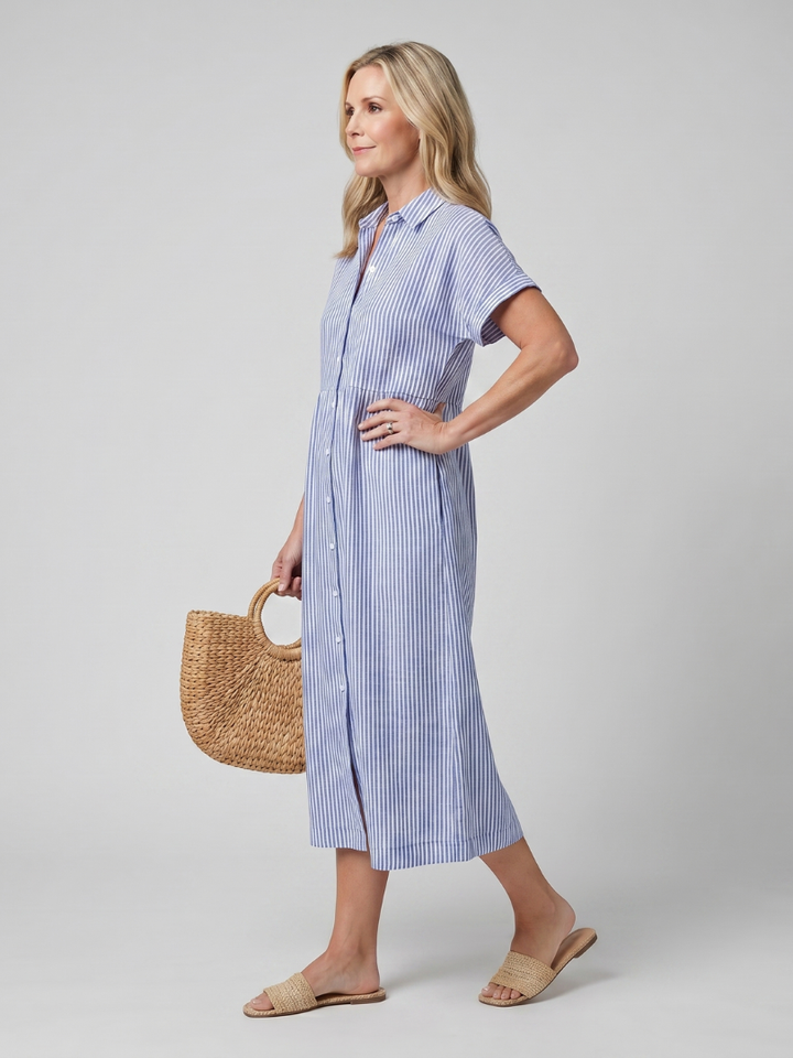 Rosamund | Short Sleeve Stripe Pattern Midi Dress