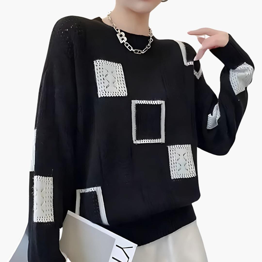 Women’s Patchwork Knit Sweater with Long Sleeves and Pullover Style