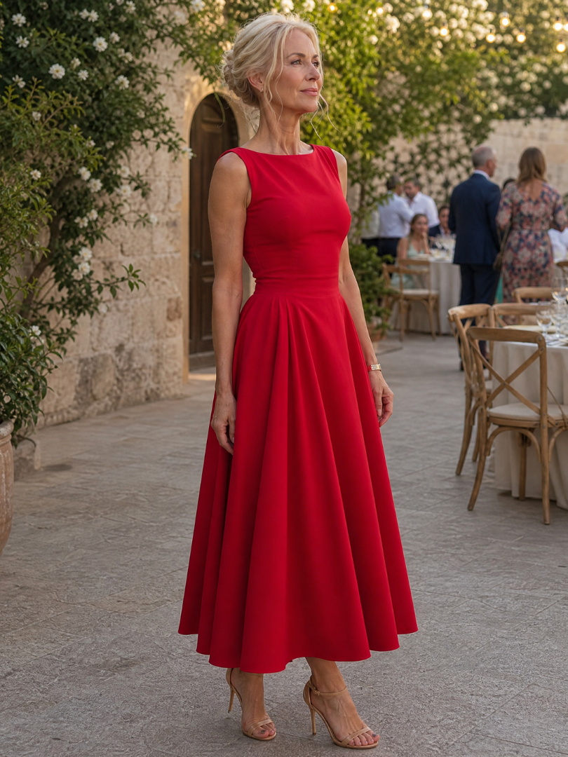 Corane | Sleeveless Crew Neck Fitted Bodice Midi Dress