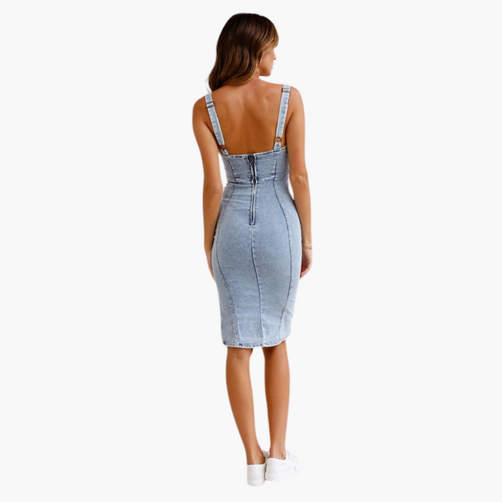 Women’s Sleeveless Denim Dress with Scoop Neckline and Side Slit