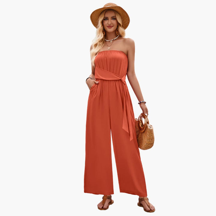 Women’s Strapless Jumpsuit with Waist Tie and Wide Legs