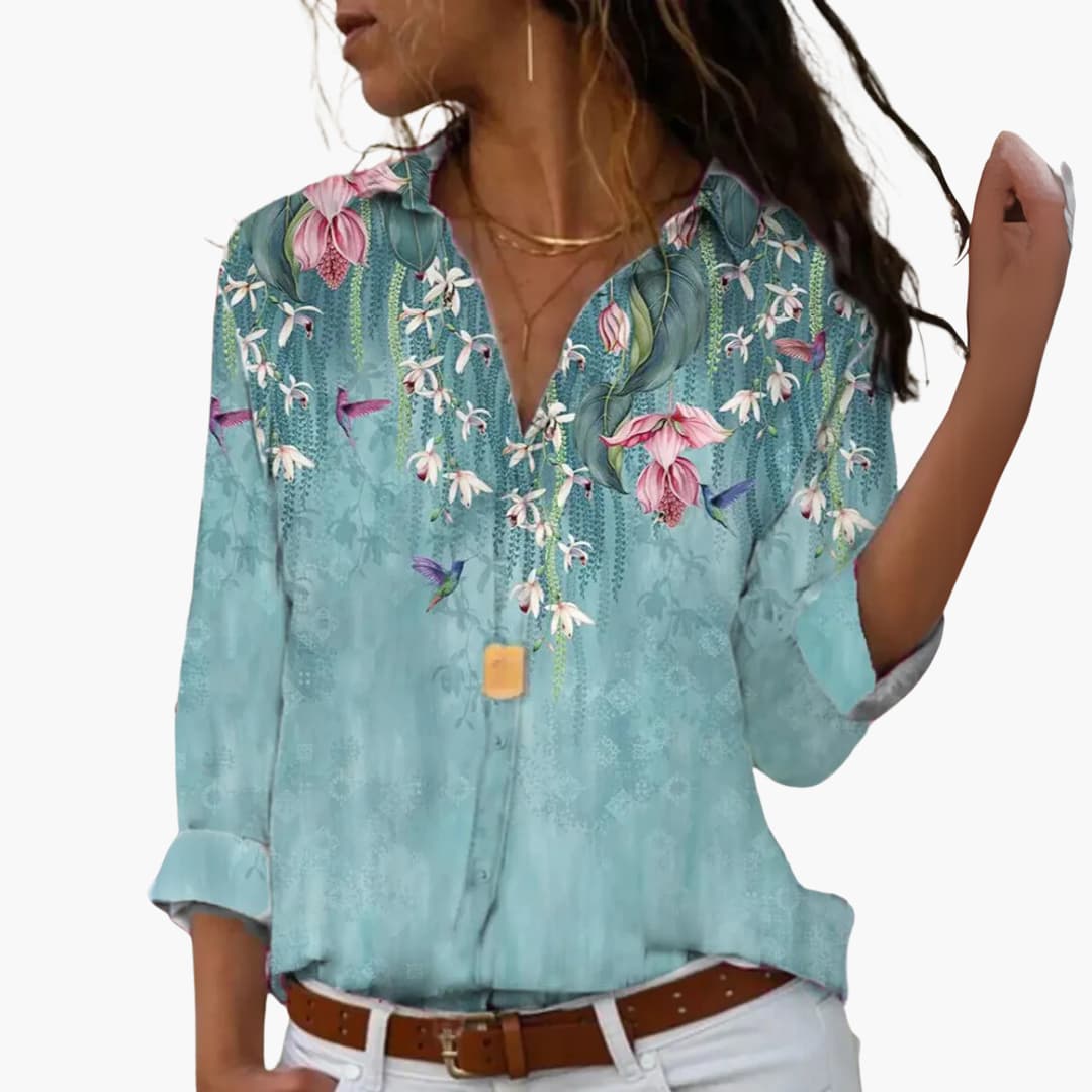 Women’s Floral and Color Block Blouse with Collar