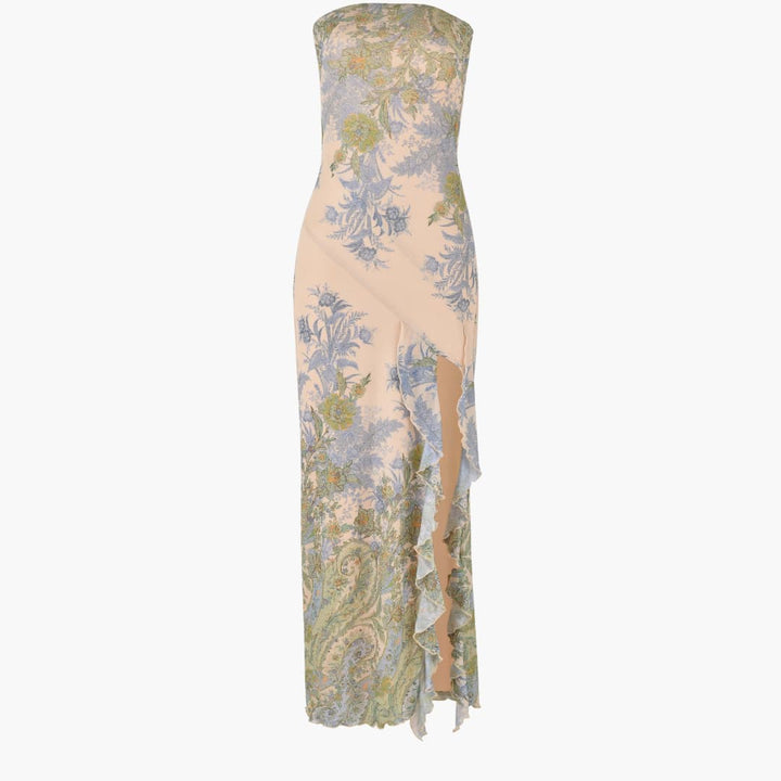 Women’s strapless maxi dress with high slit and floral print