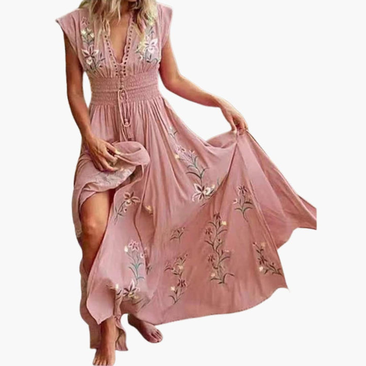 Women’s Sleeveless Maxi Dress with Smocked Waist and Floral Embroidery