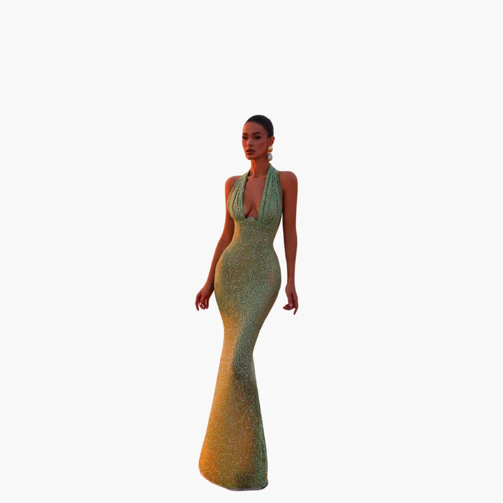 Women’s evening gown with halter neckline and backless design