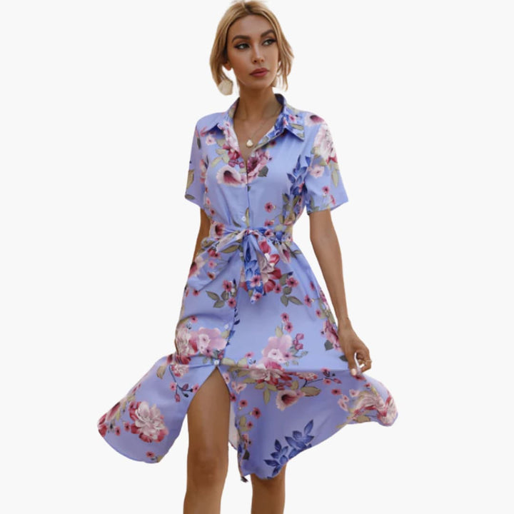 Women’s Floral Shirt Dress with Waist Tie and Button-Down Front