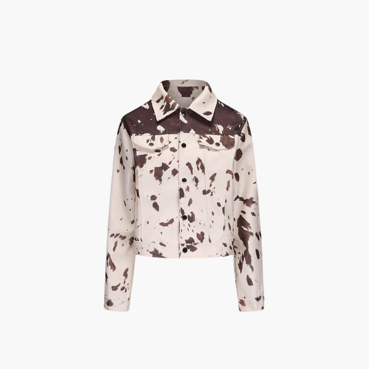 Women’s Denim Jacket with Cow Print and Button-Up Front