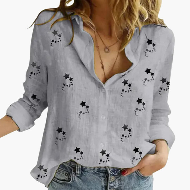 Women’s Star Print Blouse with Collar and Button Fastening