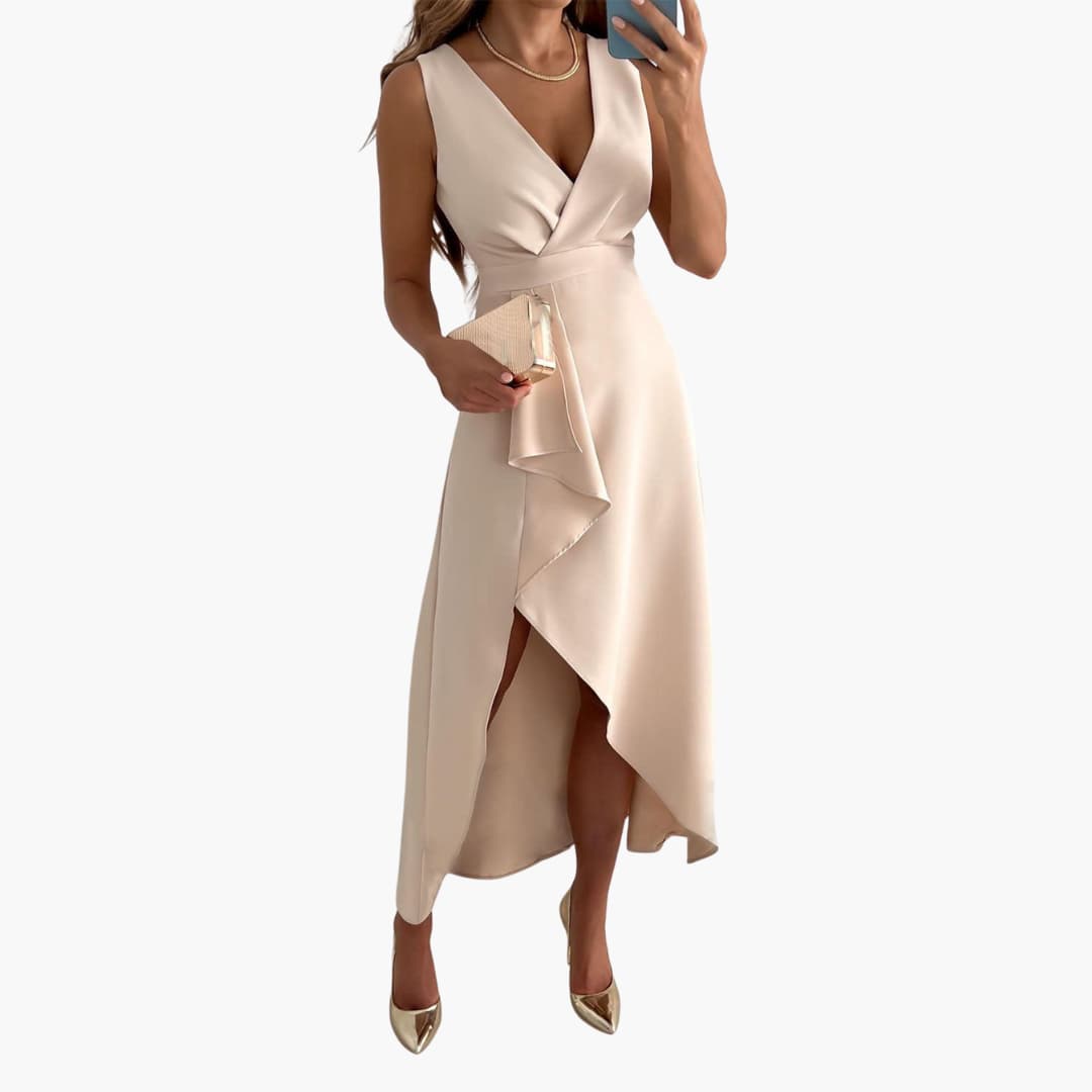 Women’s Sleeveless Midi Dress with V-Neck and High-Low Hem
