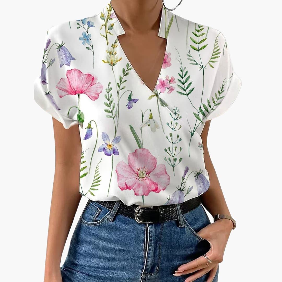 Women’s Blouse with V-Neck and Floral Print
