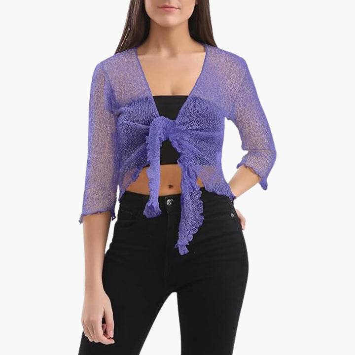 Women’s Cropped Tie-Up Shrug with Three-Quarter Sleeves and Sheer Knit