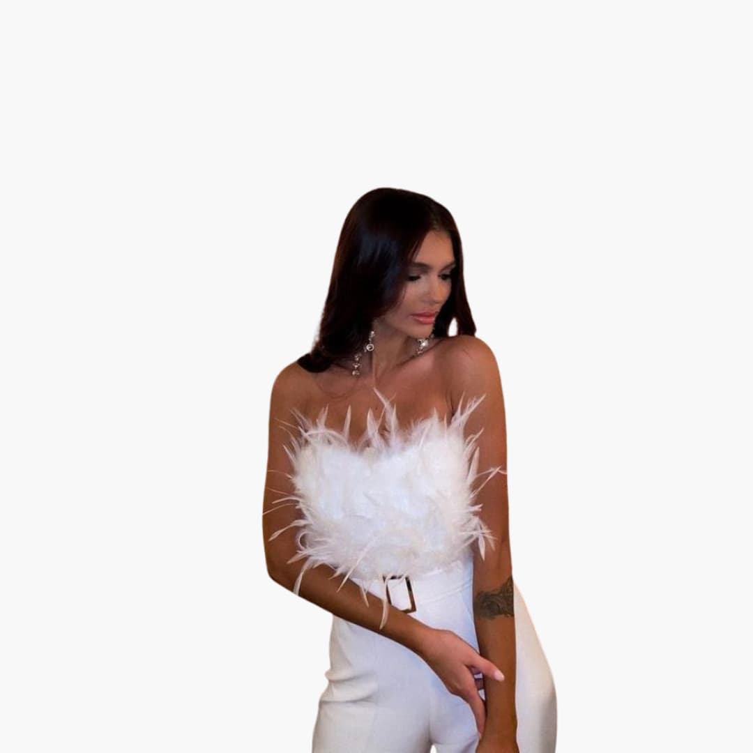 Women’s Strapless Jumpsuit with Feather Top and Wide Legs