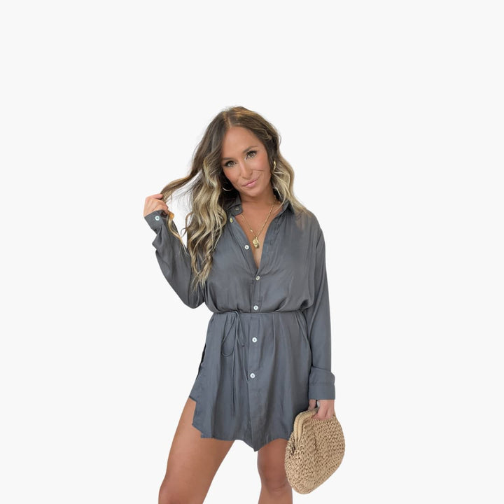 Women’s Romper Dress with Collared Neck and Drawstring Waist