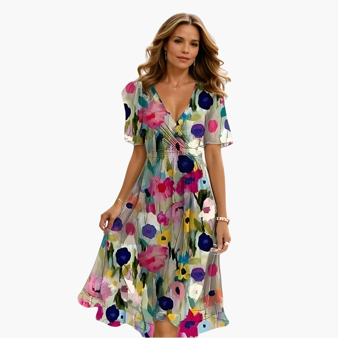 Women’s Midi Dress with V-Neckline and Flutter Sleeves