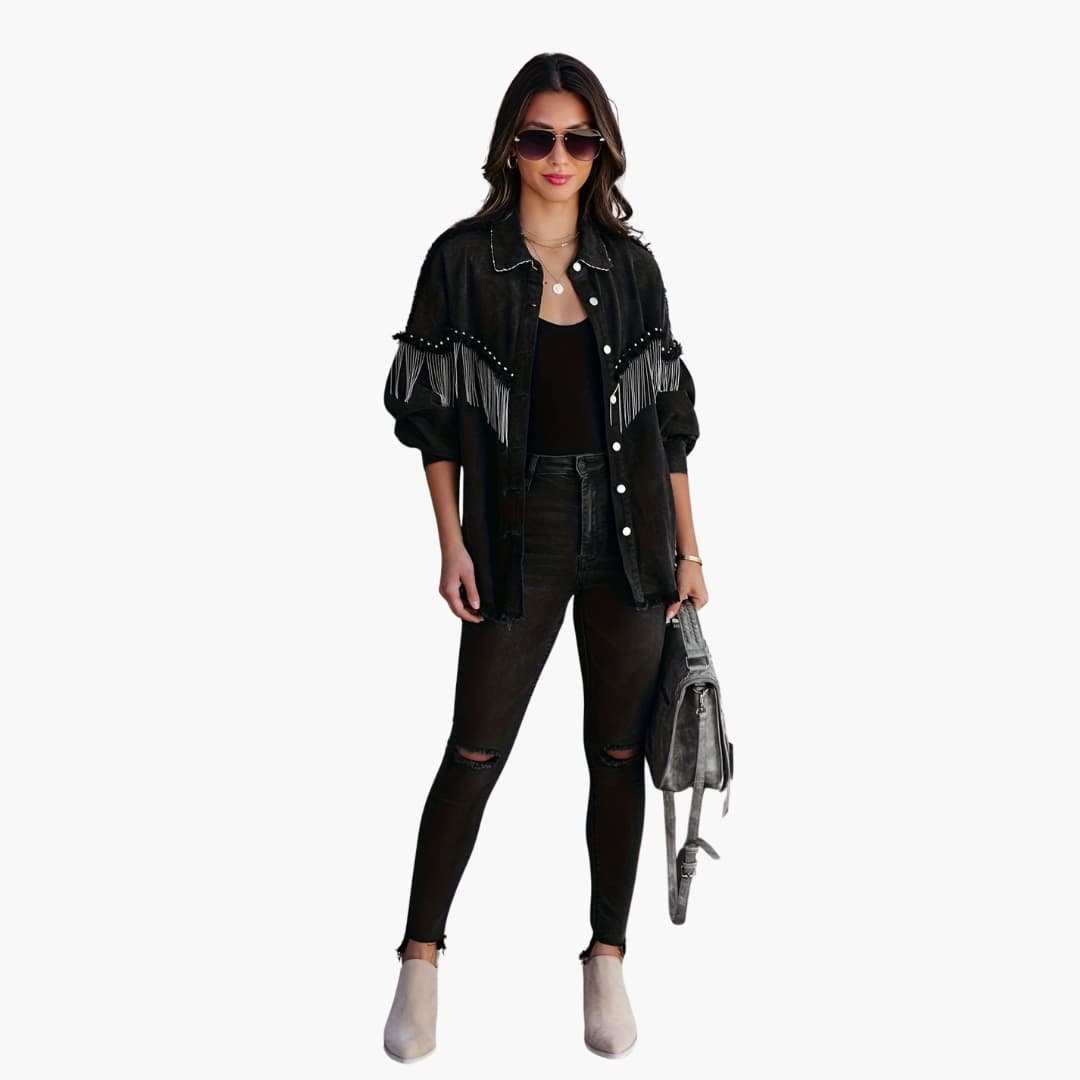 Women’s Denim Jacket with Buttons and Fringe