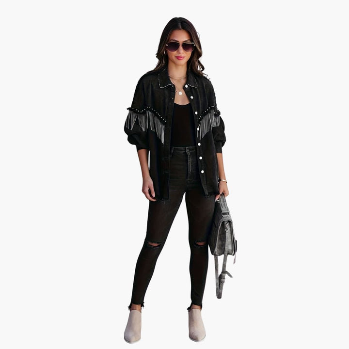 Women’s Denim Jacket with Buttons and Fringe