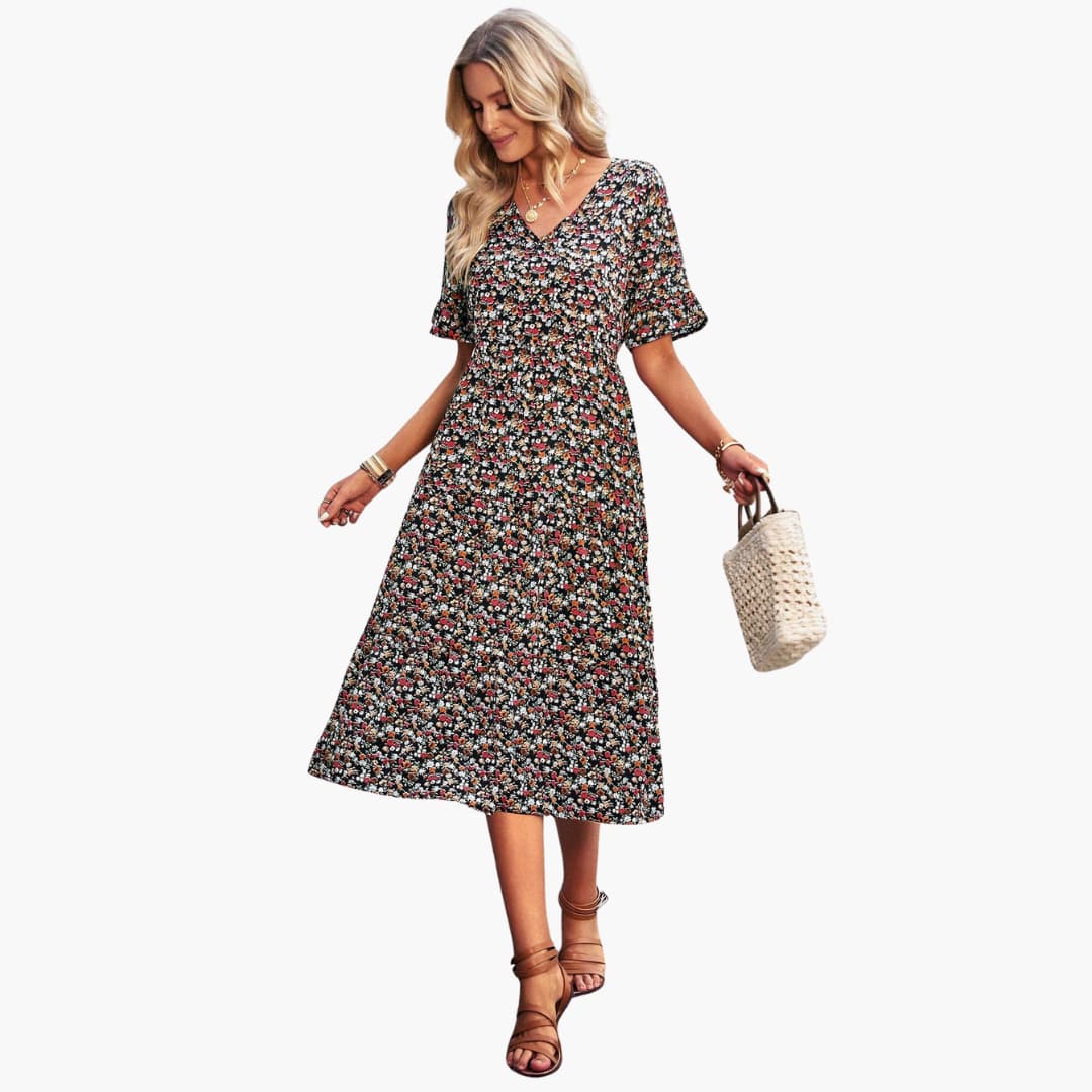 Women’s Midi Dress with V-Neckline and Floral Print
