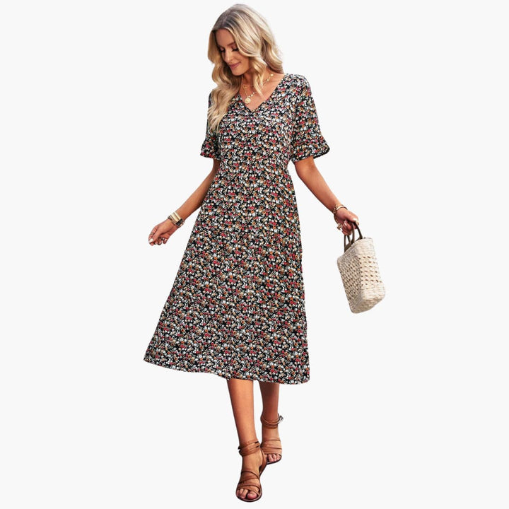 Women’s Midi Dress with V-Neckline and Floral Print