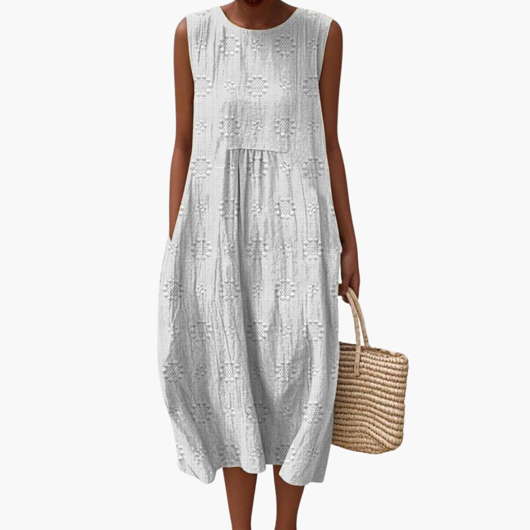Women’s Sleeveless Midi Dress with Floral Pattern and Side Pockets