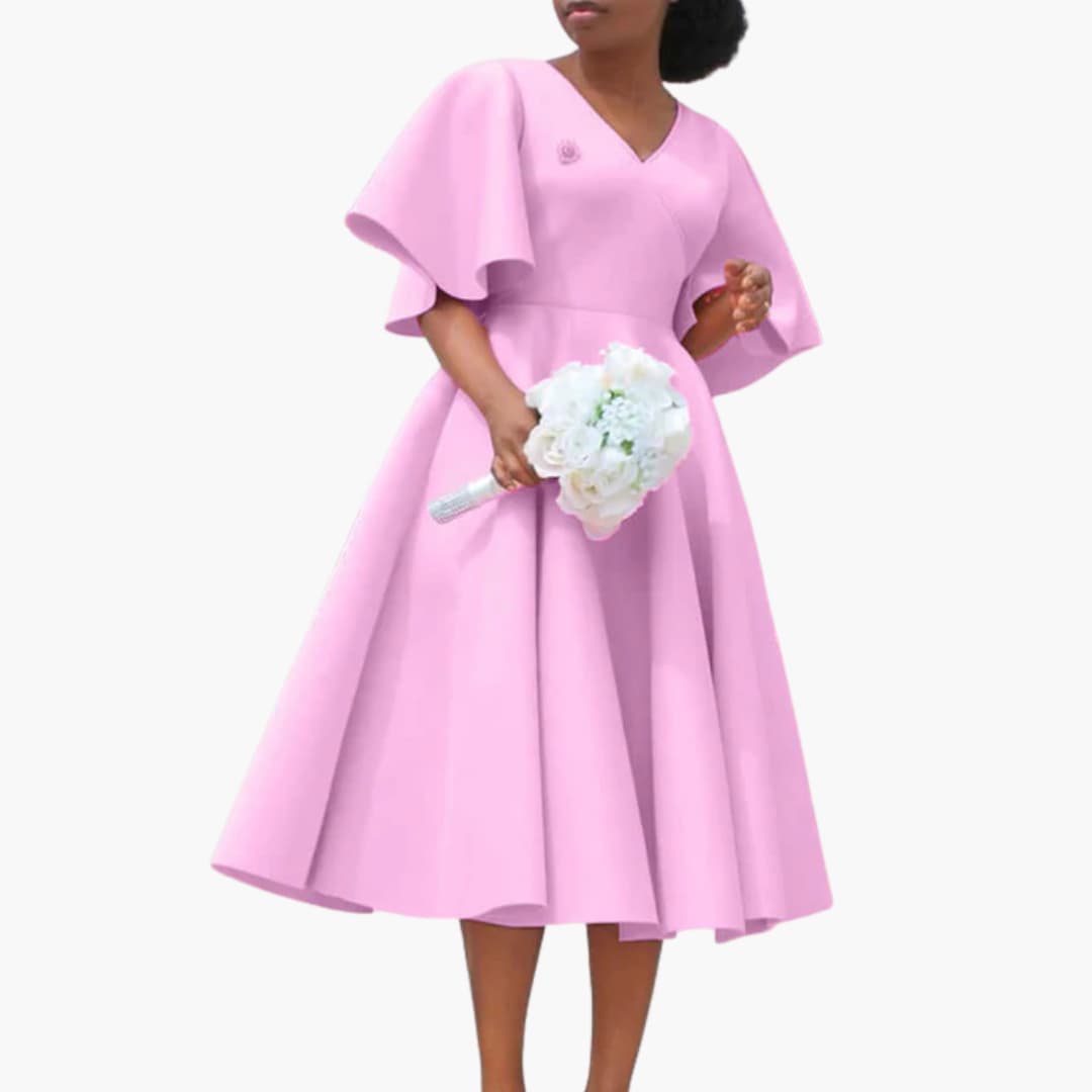 Women’s Midi Dress with V-Neckline and Flutter Sleeves