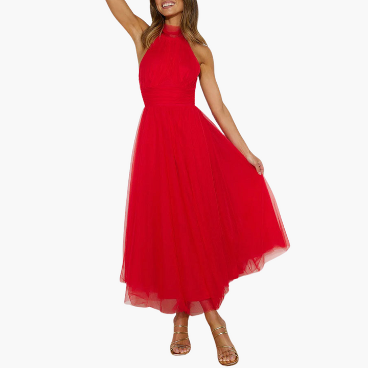 Women’s Tulle Dress with Halter Neck and Flowing Skirt