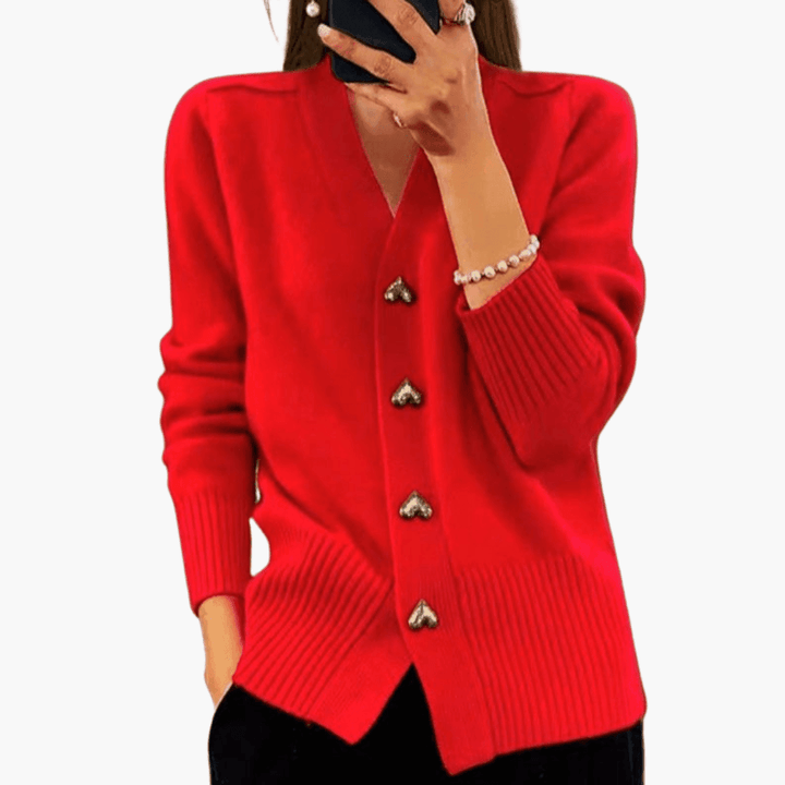 Women’s Button-Up Cardigan with Heart Button Details and Long Sleeves