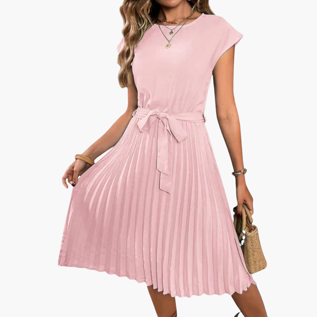 Women’s Casual Midi Dress with Pleated Skirt and Tie Waist