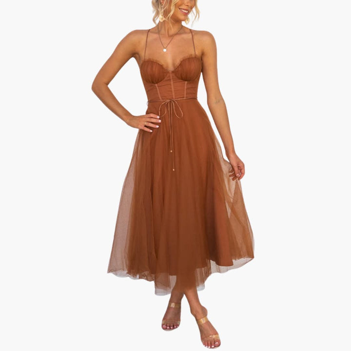 Women’s Tulle Maxi Dress with Spaghetti Straps and Tiered Skirt