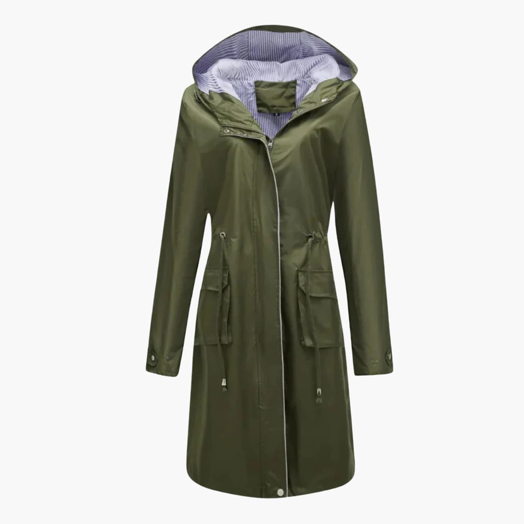 Women’s Hooded Trench Coat with Zip Closure and Drawstring Waist