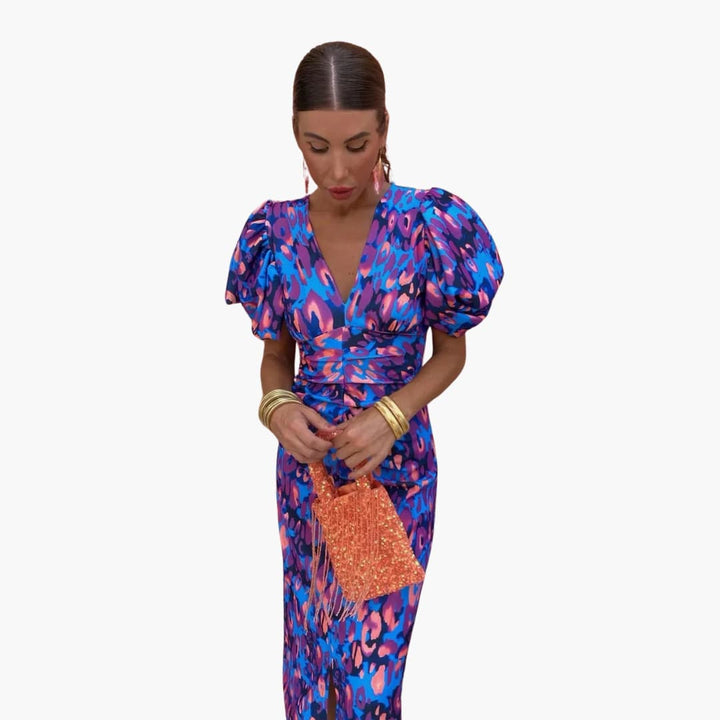 Women’s Midi Dress with Puff Sleeves and Ruched Waist