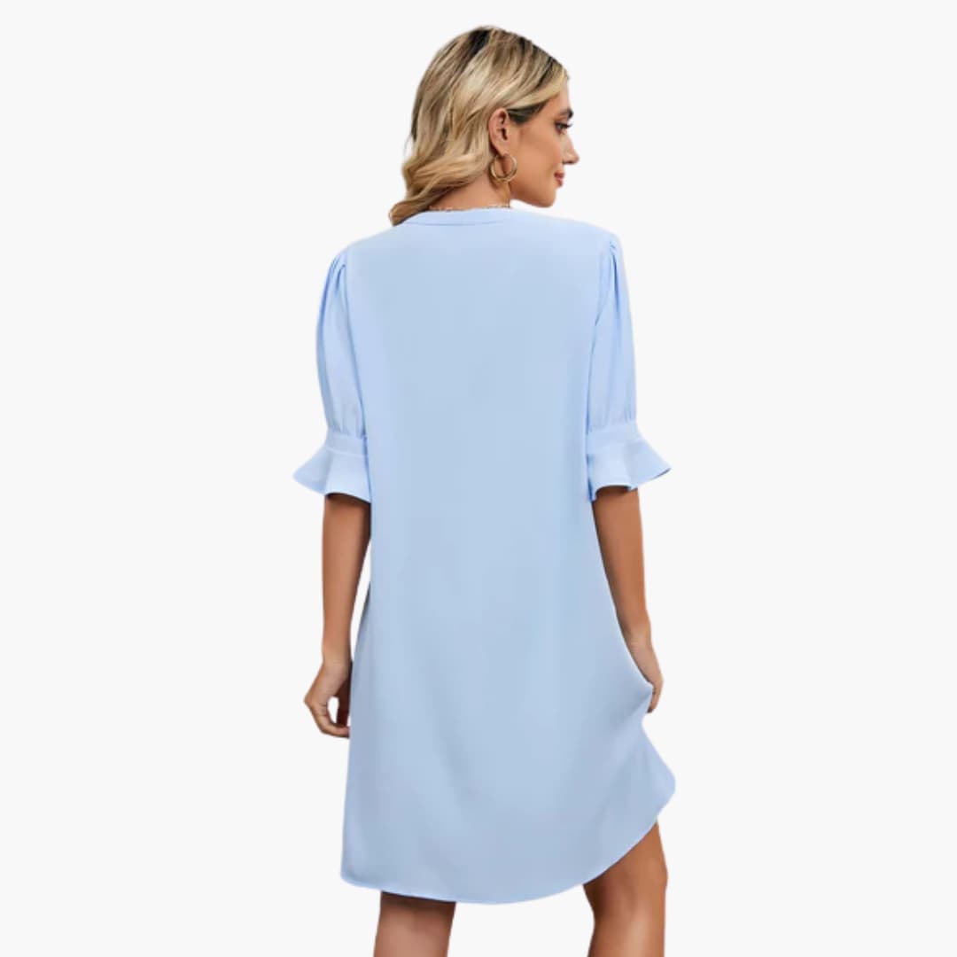 Women’s Shift Dress with V-Neckline and Ruffle Sleeves