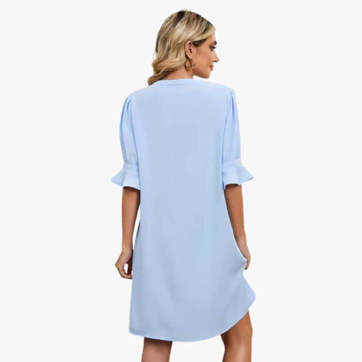 Women’s Shift Dress with V-Neckline and Ruffle Sleeves