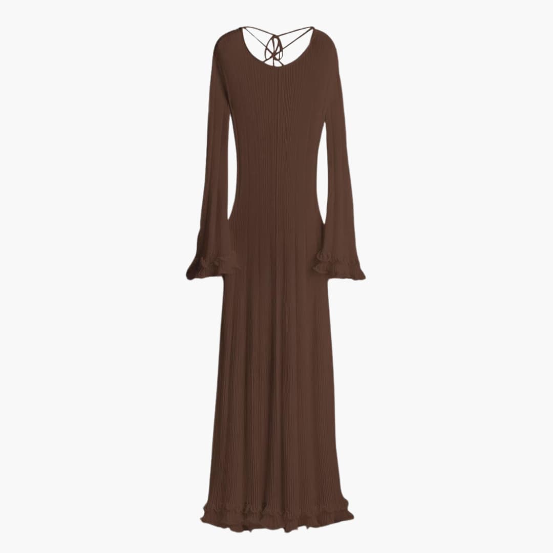 Women’s Knit Maxi Dress with Open Back and Trumpet Sleeves