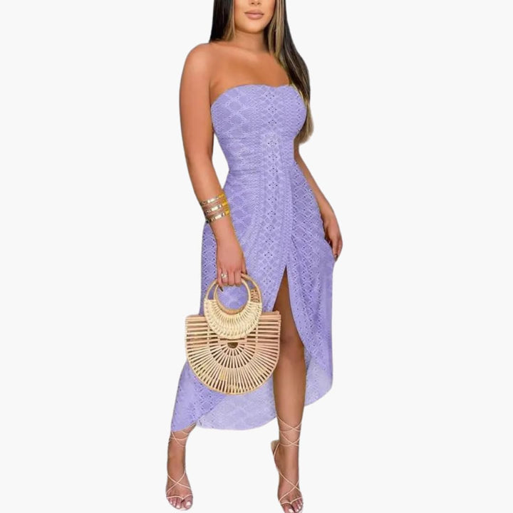 Women’s Strapless Midi Dress with Front Slit and Embroidery