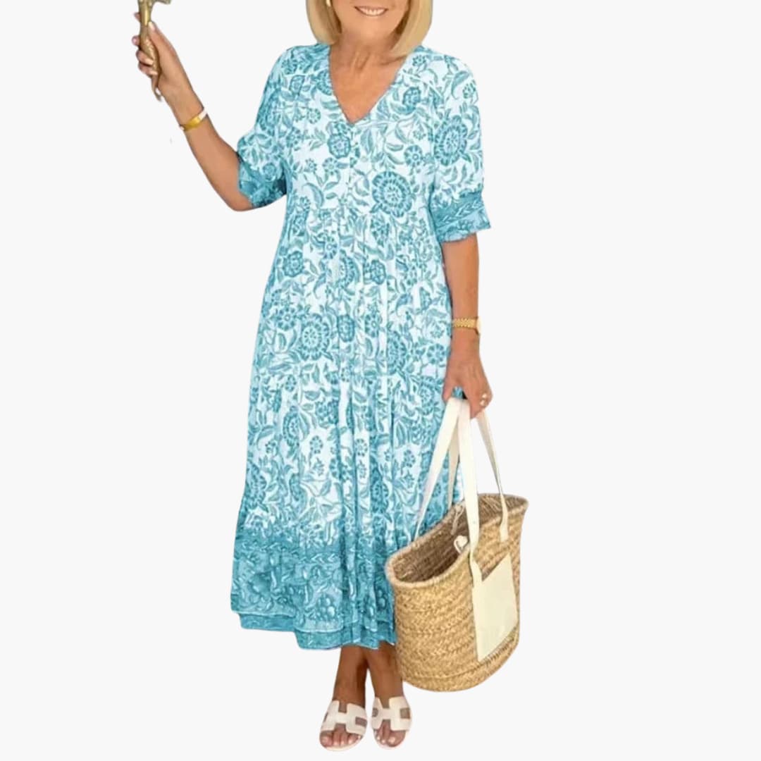 Women’s Midi Dress with V-Neck and Tiered Hem