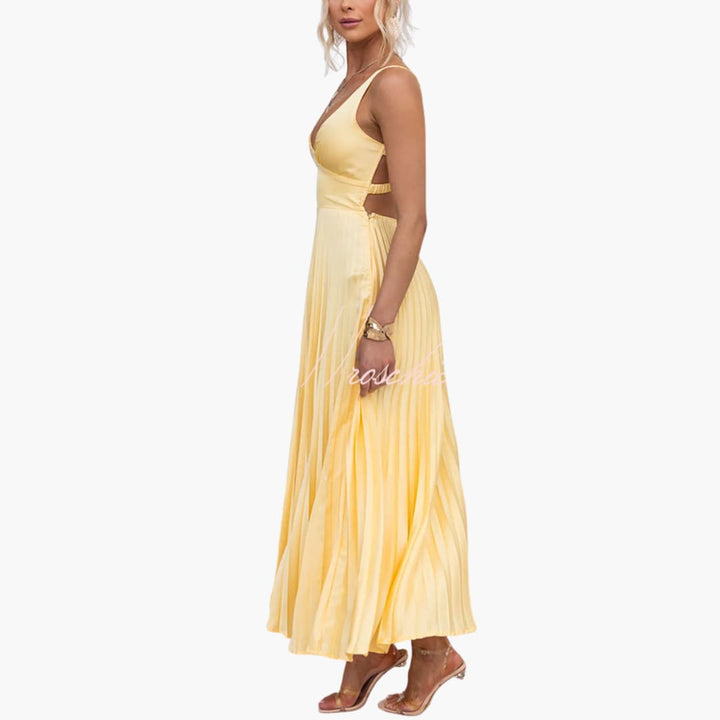Women’s Midi Dress with Pleated Neckline and Structured Waist